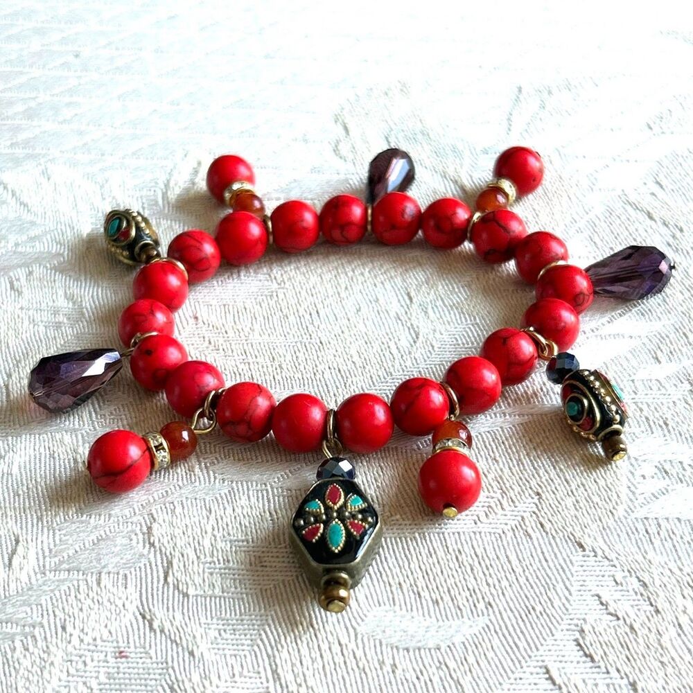 Vintage Red Beaded Boho Stretch Bracelet Charm Beads Bohemian Jewelry